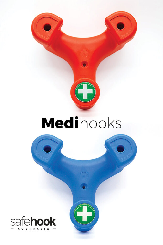 T-shaped plastic safety hook with Medi logo